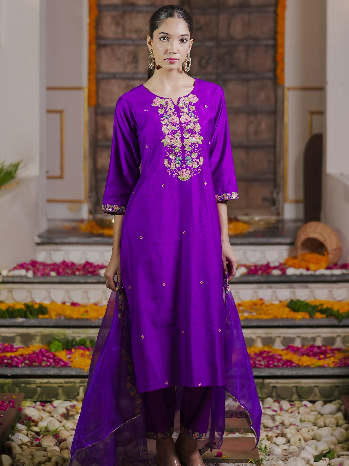 Purple Embroidered Straight Kurta Trousers With Dupatta Set