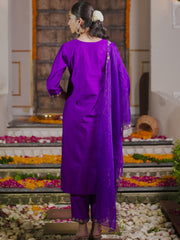 Purple Embroidered Straight Kurta Trousers With Dupatta Set