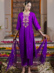 Purple Embroidered Straight Kurta Trousers With Dupatta Set