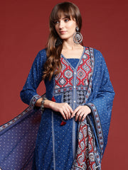 Blue Printed Straight Kurta Trousers With Dupatta Set