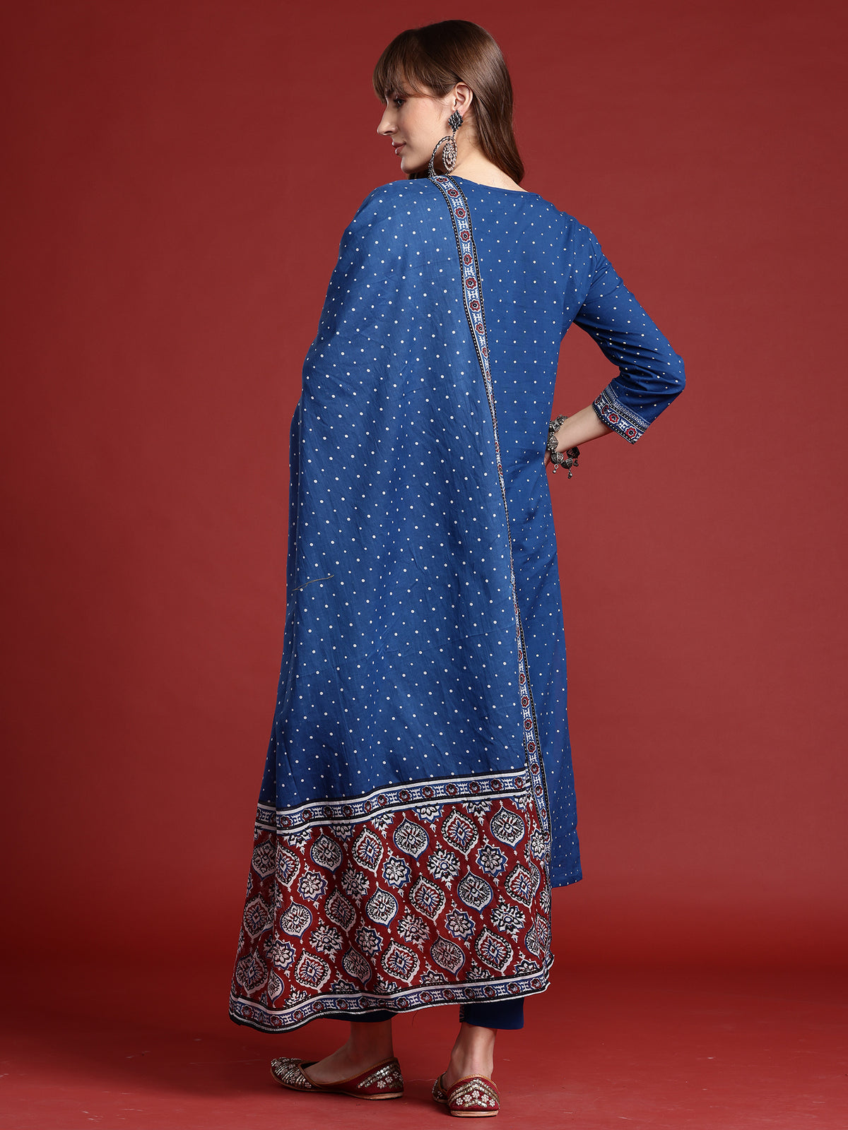 Blue Printed Straight Kurta Trousers With Dupatta Set