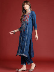 Blue Printed Straight Kurta Trousers With Dupatta Set