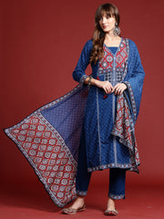 Blue Printed Straight Kurta Trousers With Dupatta Set