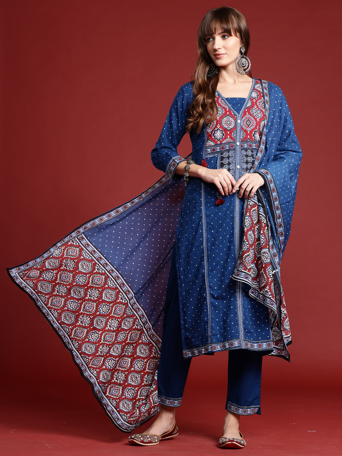 Blue Printed Straight Kurta Trousers With Dupatta Set