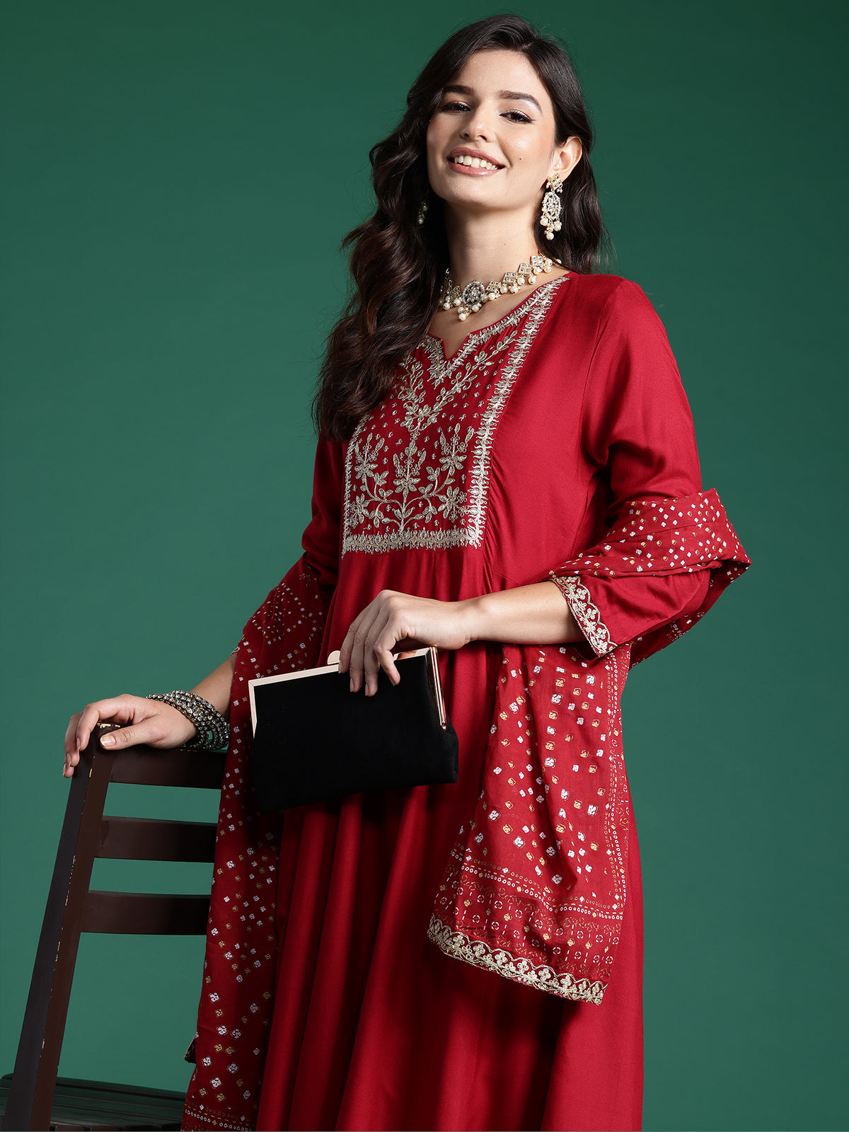 Maroon Embroidered A-Line Kurta Trousers With Dupatta Set