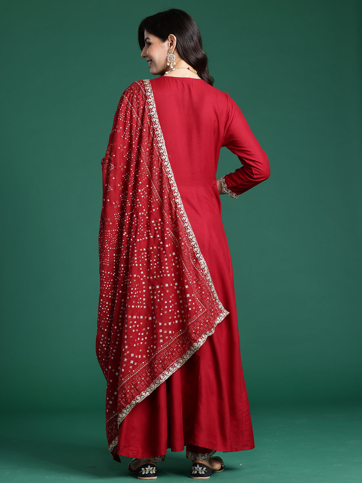 Maroon Embroidered A-Line Kurta Trousers With Dupatta Set