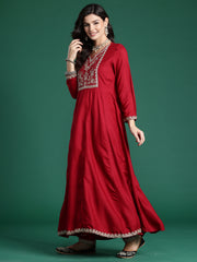 Maroon Embroidered A-Line Kurta Trousers With Dupatta Set