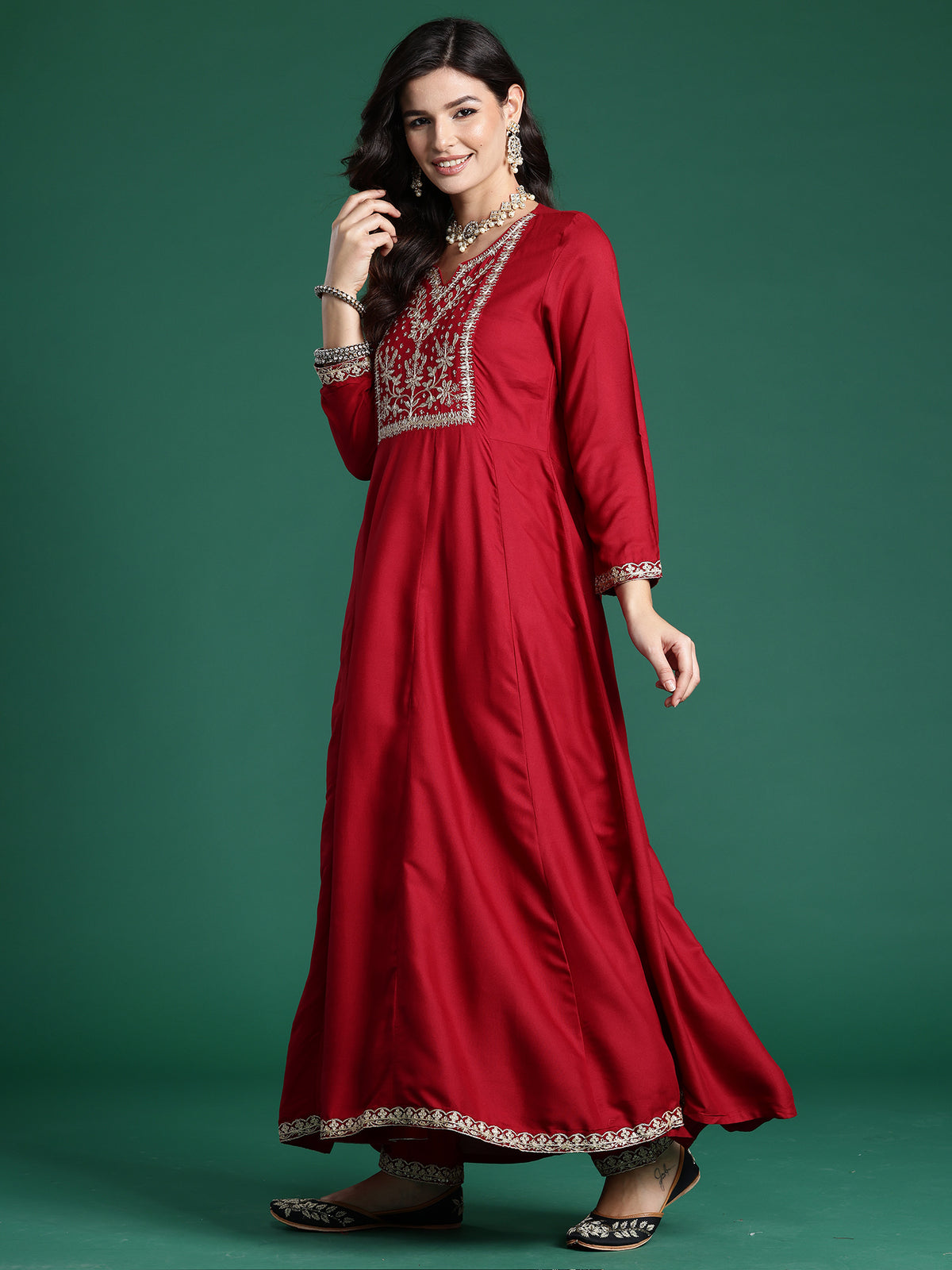 Maroon Embroidered A-Line Kurta Trousers With Dupatta Set