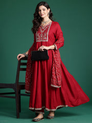 Maroon Embroidered A-Line Kurta Trousers With Dupatta Set
