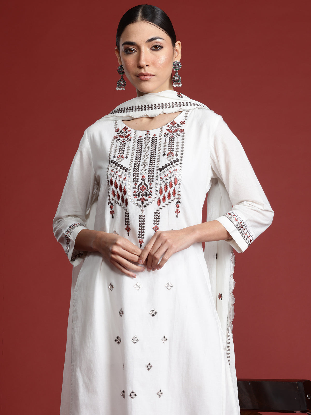 White Embroidered Straight Kurta Trousers With Dupatta Set