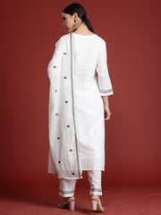 White Embroidered Straight Kurta Trousers With Dupatta Set