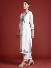 White Embroidered Straight Kurta Trousers With Dupatta Set