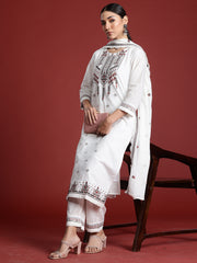 White Embroidered Straight Kurta Trousers With Dupatta Set