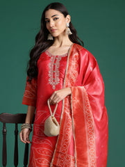Red Printed Straight Kurta Trousers With Dupatta Set