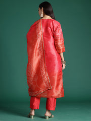 Red Printed Straight Kurta Trousers With Dupatta Set