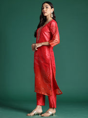 Red Printed Straight Kurta Trousers With Dupatta Set