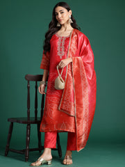 Red Printed Straight Kurta Trousers With Dupatta Set