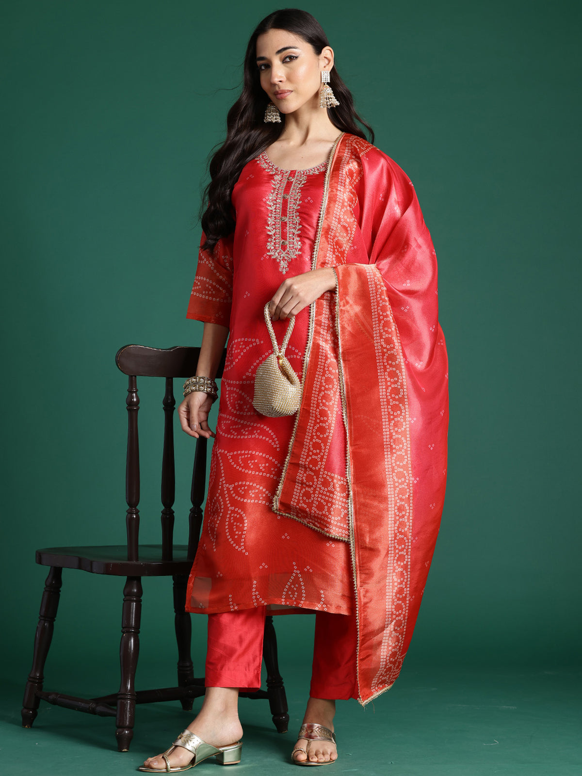 Red Printed Straight Kurta Trousers With Dupatta Set