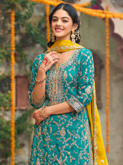 Blue Embroidered Straight Kurta Trousers With Dupatta Set