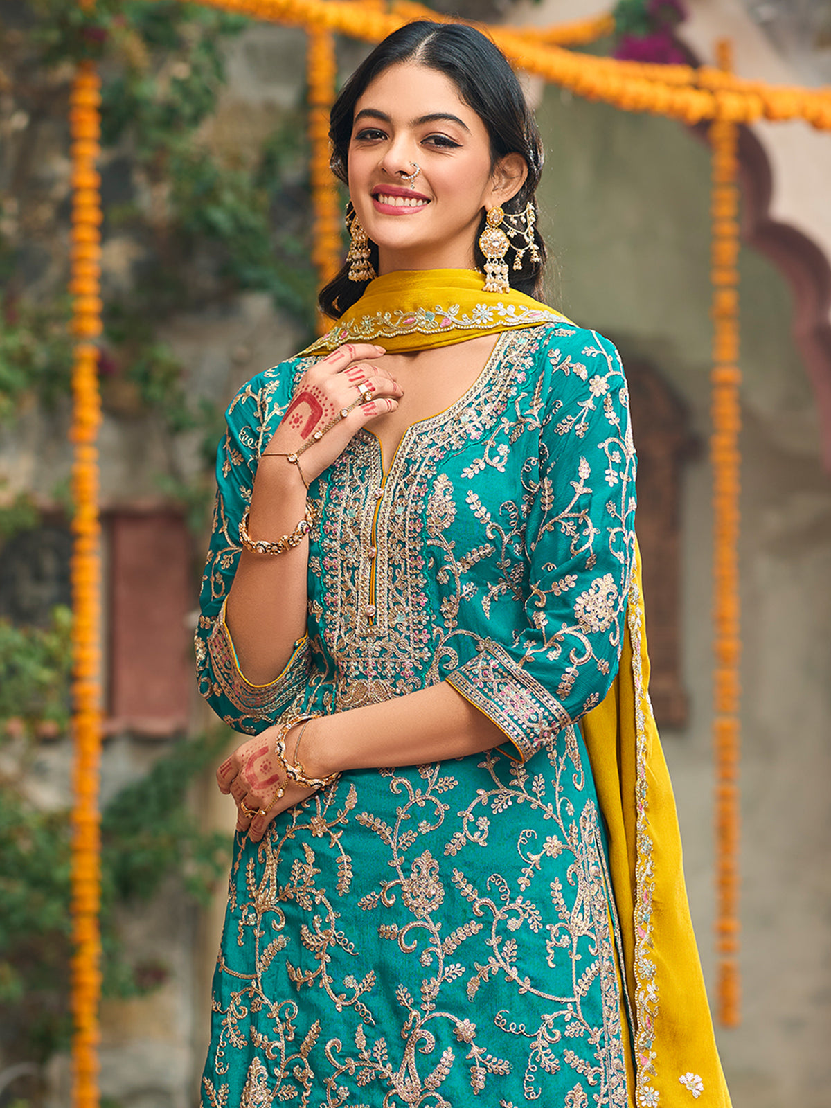 Blue Embroidered Straight Kurta Trousers With Dupatta Set