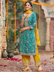 Blue Embroidered Straight Kurta Trousers With Dupatta Set
