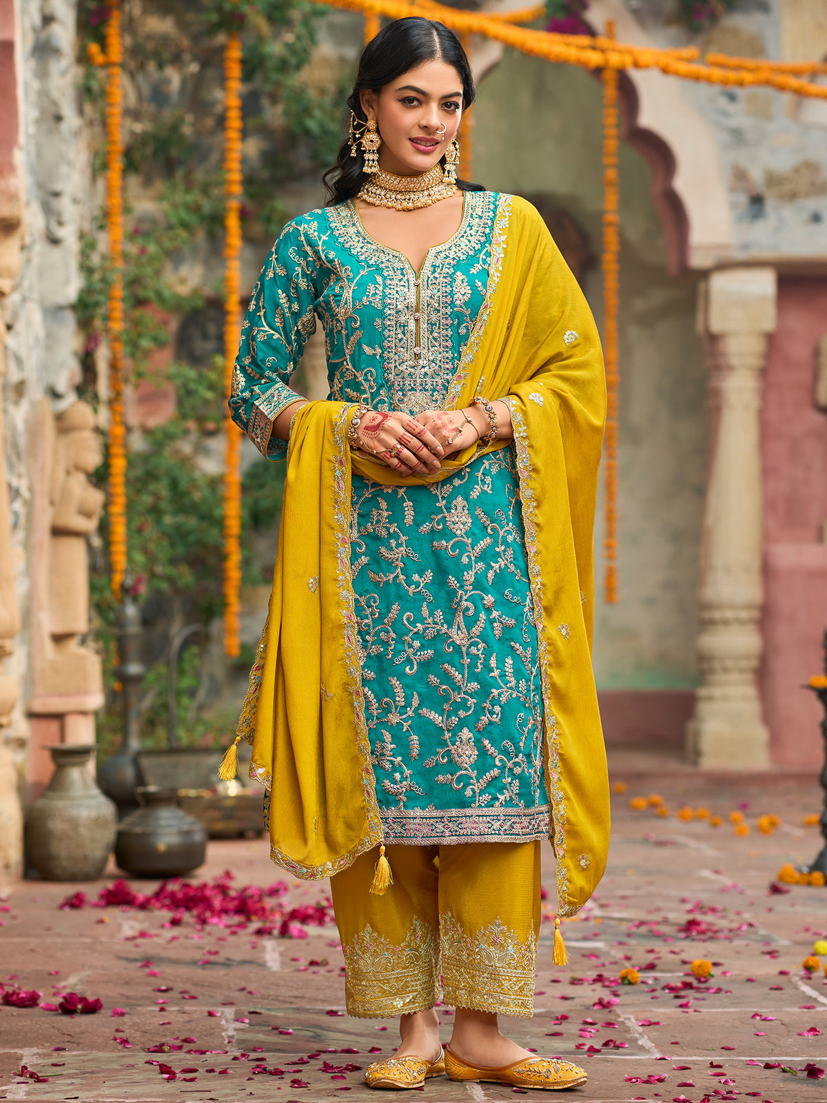 Blue Embroidered Straight Kurta Trousers With Dupatta Set