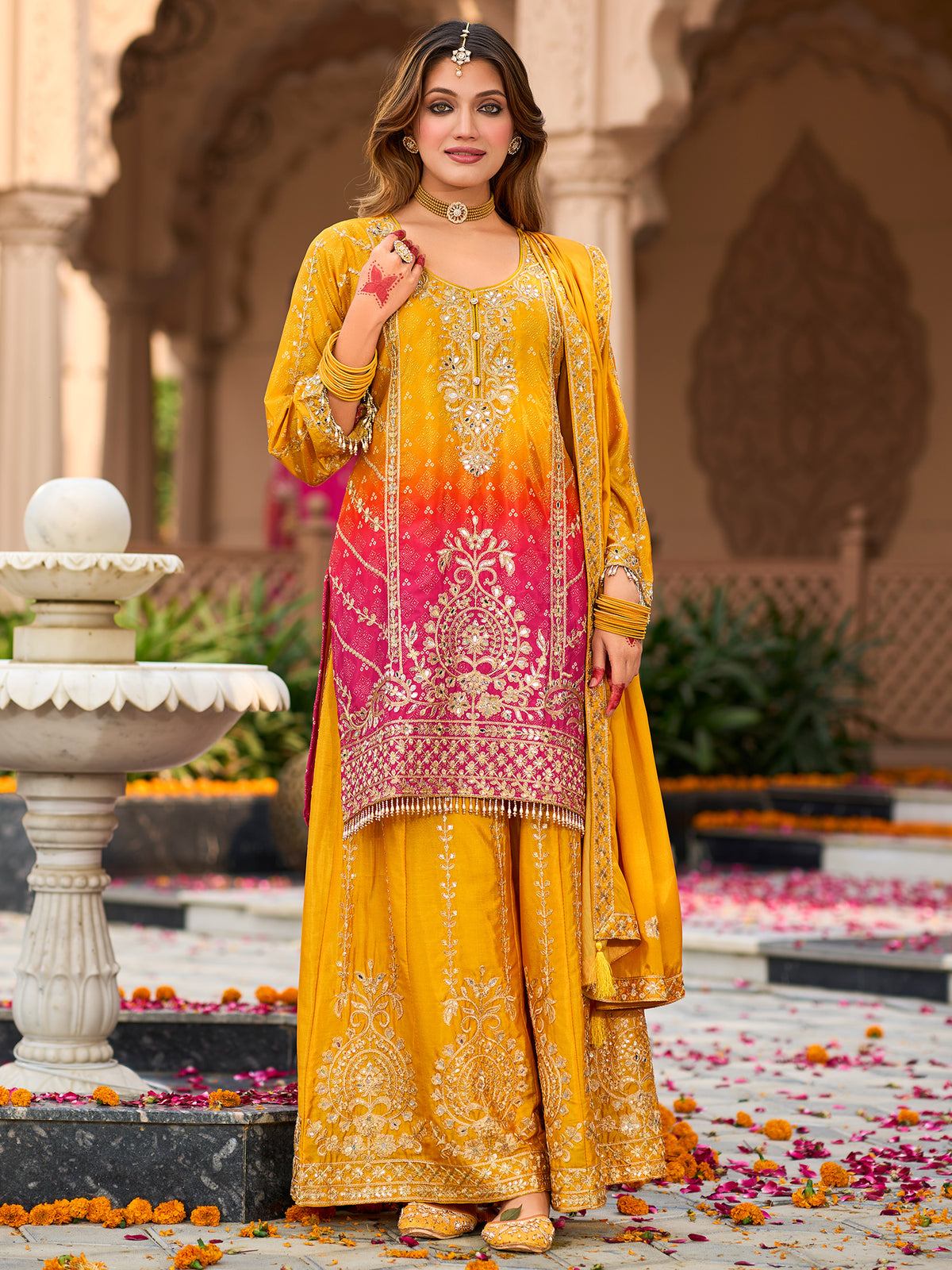 Yellow Embroidered Straight Kurta Palazzos With Dupatta Set