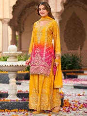 Yellow Embroidered Straight Kurta Palazzos With Dupatta Set