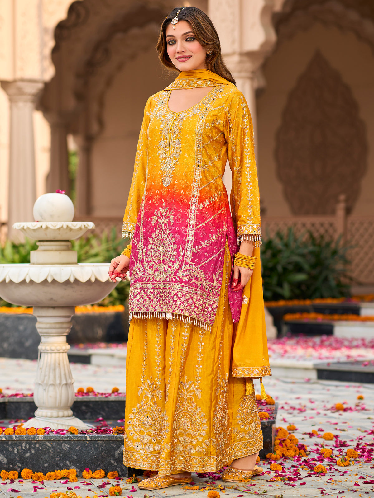 Yellow Embroidered Straight Kurta Palazzos With Dupatta Set