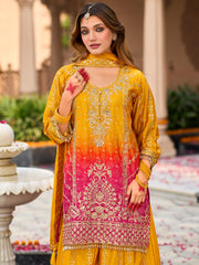 Yellow Embroidered Straight Kurta Palazzos With Dupatta Set