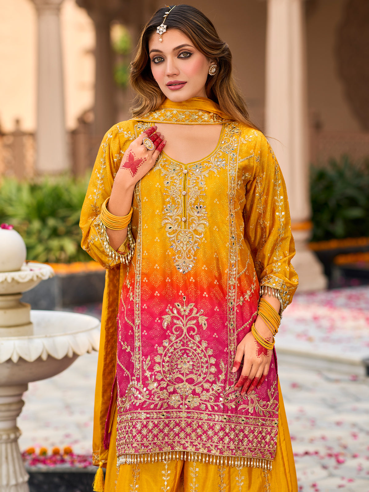 Yellow Embroidered Straight Kurta Palazzos With Dupatta Set