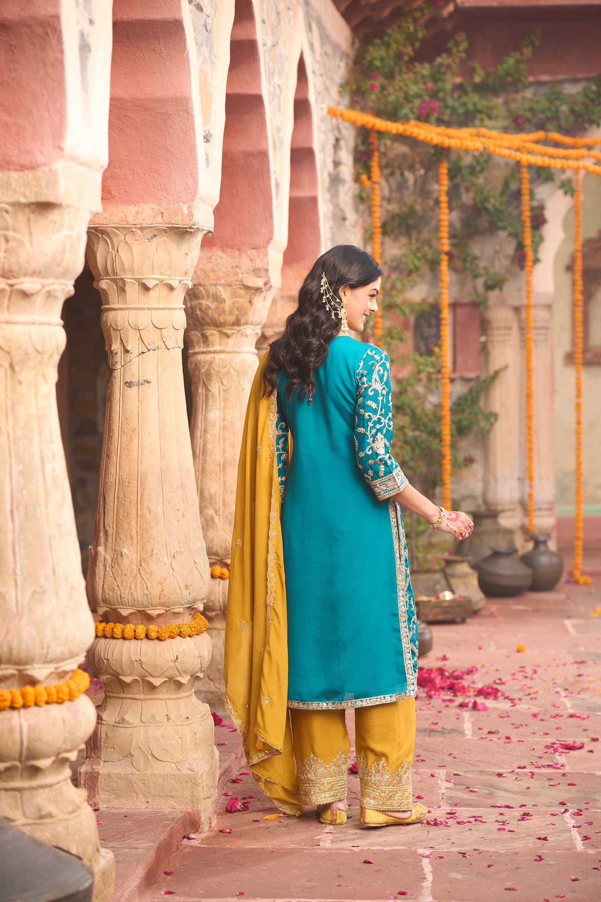 Blue Embroidered Straight Kurta Trousers With Dupatta Set