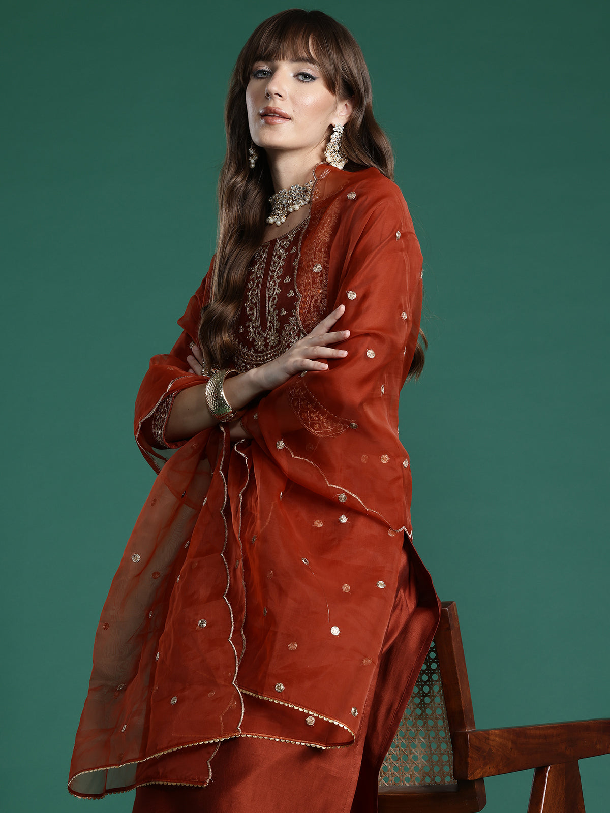 Rust Embroidered Straight Kurta Trousers With Dupatta Set