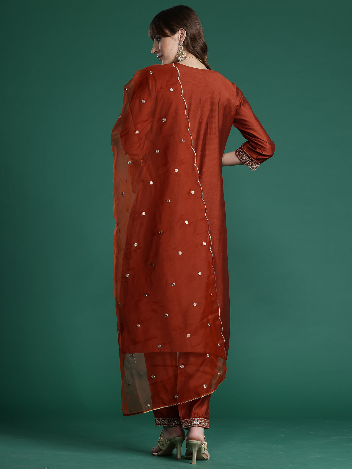 Rust Embroidered Straight Kurta Trousers With Dupatta Set