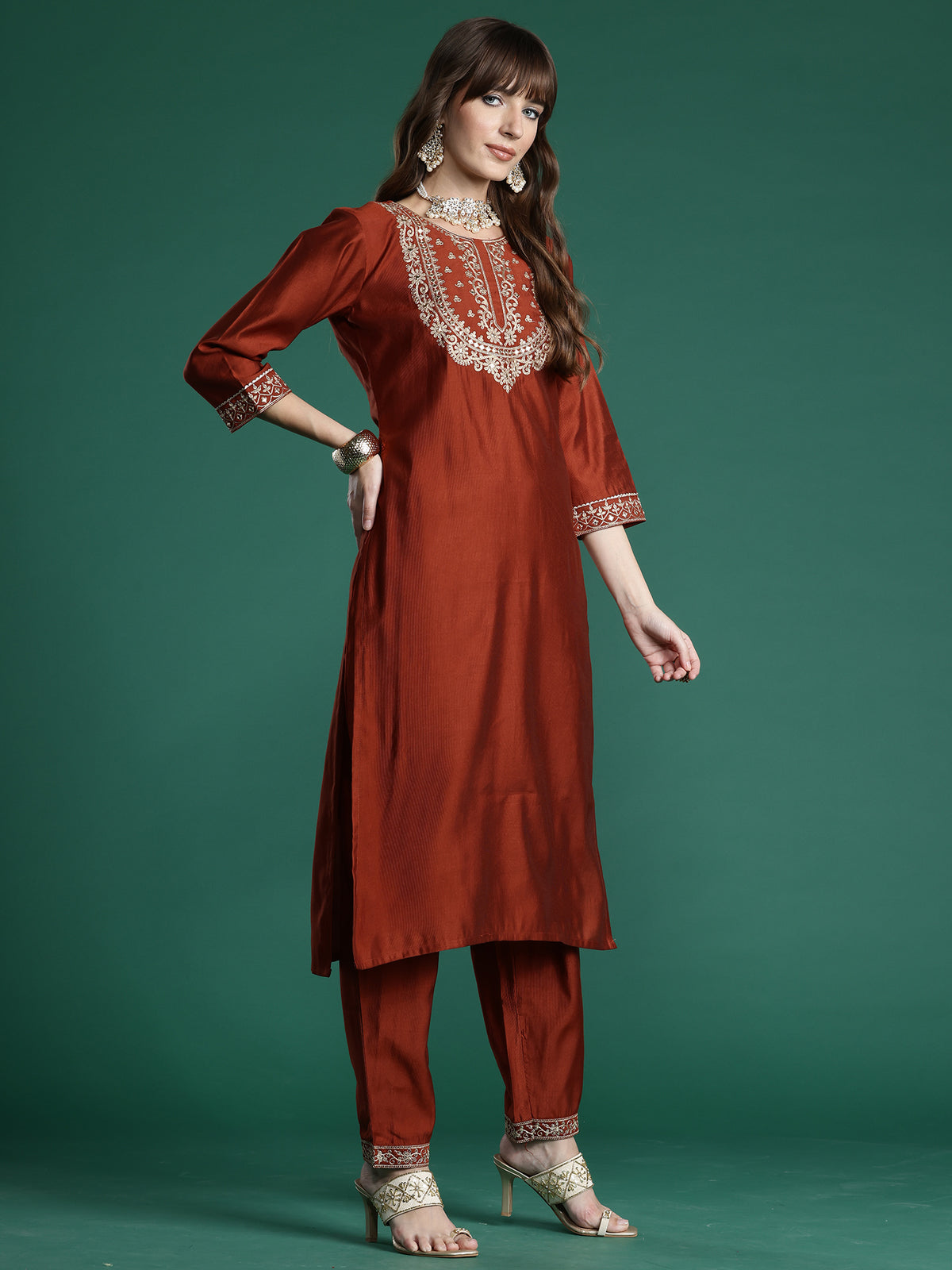 Rust Embroidered Straight Kurta Trousers With Dupatta Set