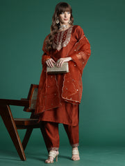 Rust Embroidered Straight Kurta Trousers With Dupatta Set