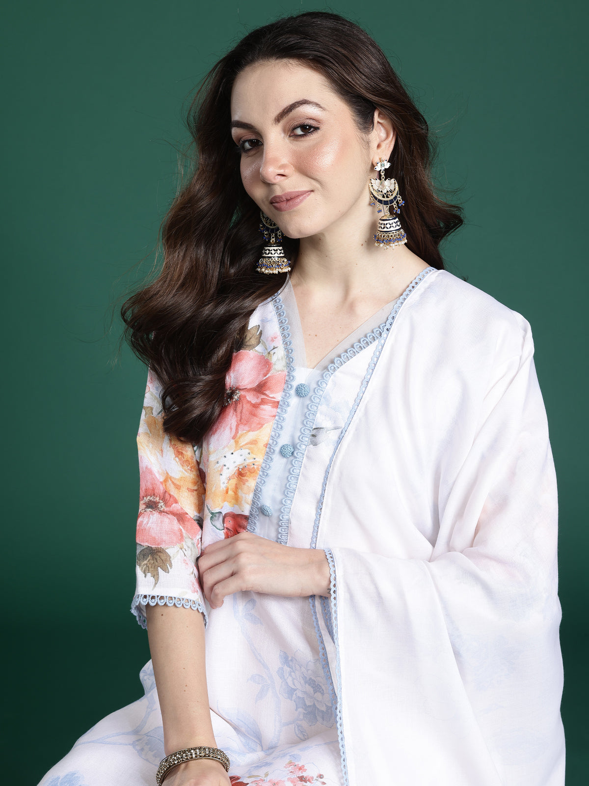White Printed Straight Kurta Trousers With Dupatta Set