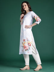White Printed Straight Kurta Trousers With Dupatta Set