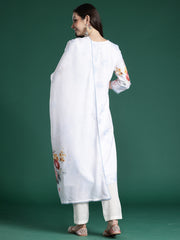 White Printed Straight Kurta Trousers With Dupatta Set