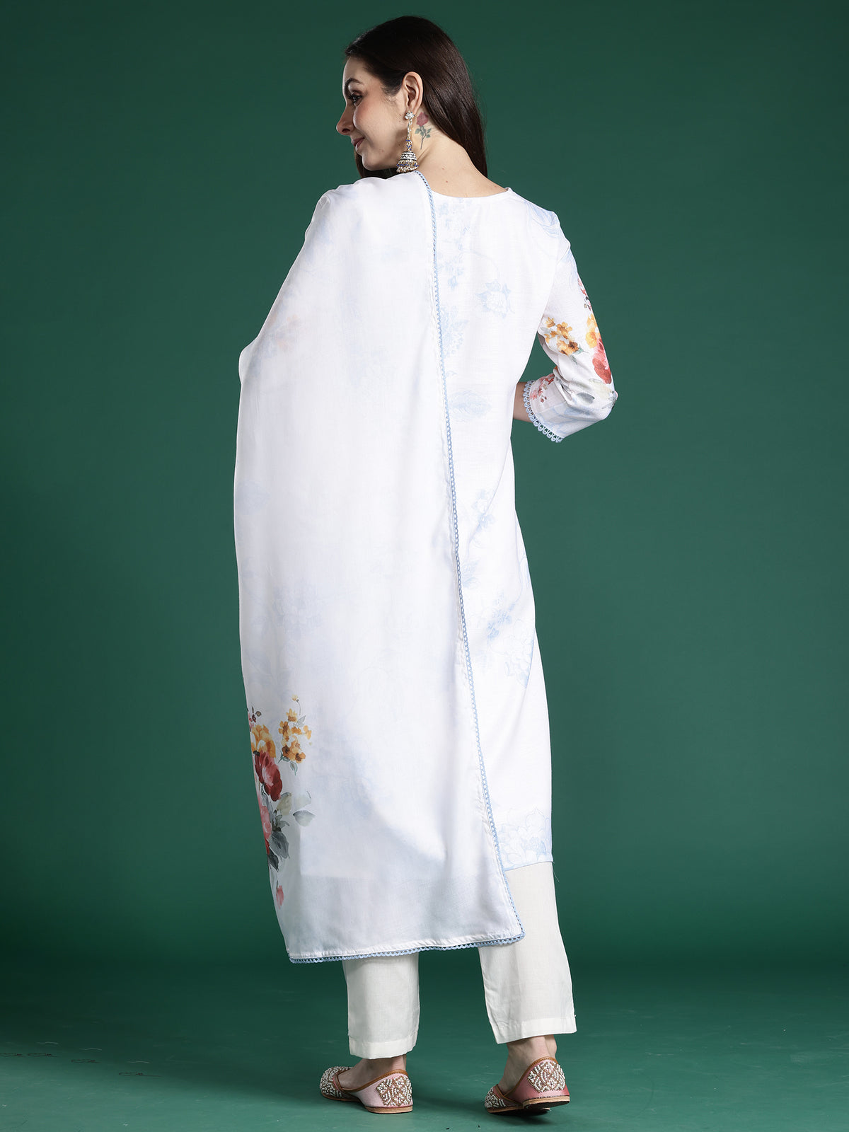 White Printed Straight Kurta Trousers With Dupatta Set
