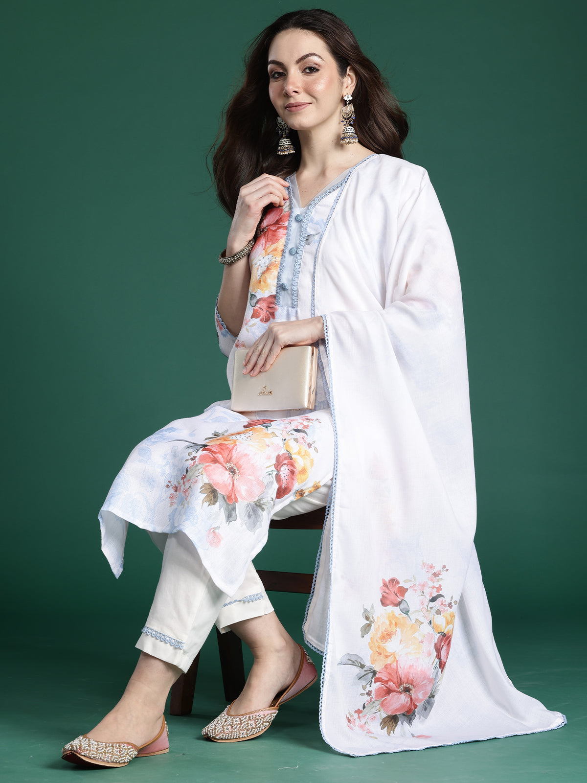 White Printed Straight Kurta Trousers With Dupatta Set
