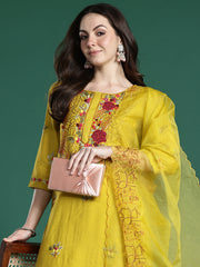 Mustard Embroidered Straight Kurta Trousers With Dupatta Set