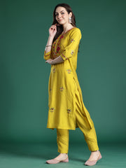 Mustard Embroidered Straight Kurta Trousers With Dupatta Set