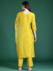 Mustard Embroidered Straight Kurta Trousers With Dupatta Set