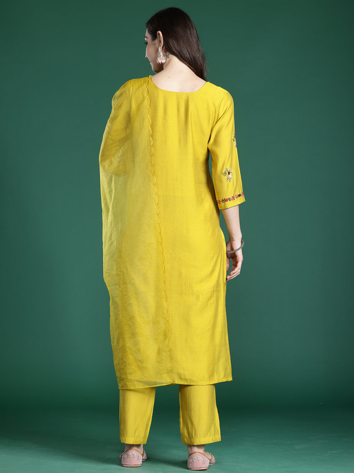 Mustard Embroidered Straight Kurta Trousers With Dupatta Set