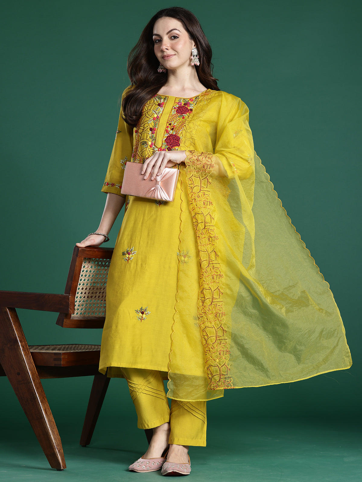 Mustard Embroidered Straight Kurta Trousers With Dupatta Set