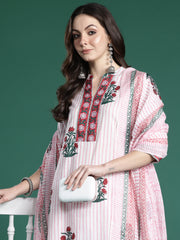 Pink Printed Straight Kurta Trousers With Dupatta Set