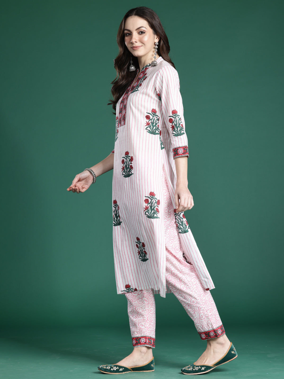Pink Printed Straight Kurta Trousers With Dupatta Set