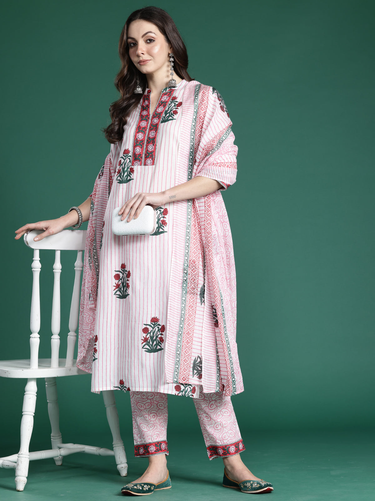 Pink Printed Straight Kurta Trousers With Dupatta Set