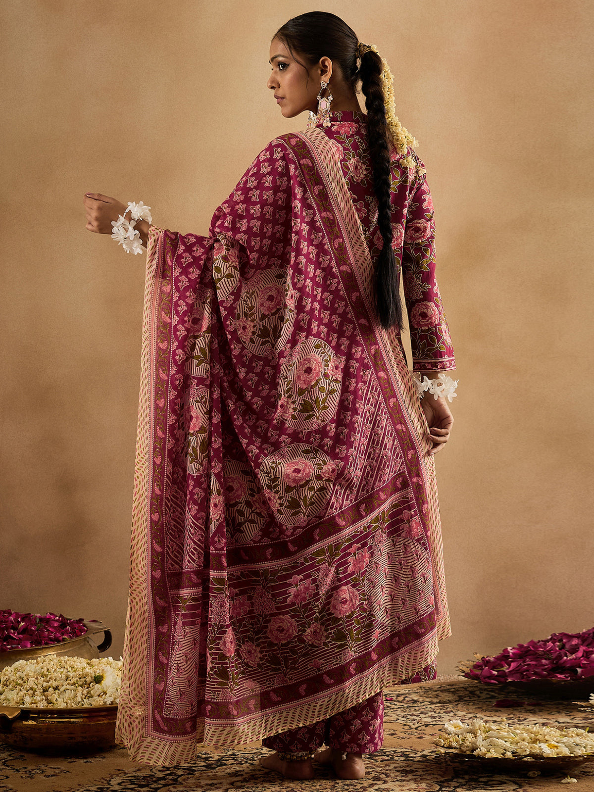 Burgundy Printed A-Line Kurta Trousers With Dupatta Set